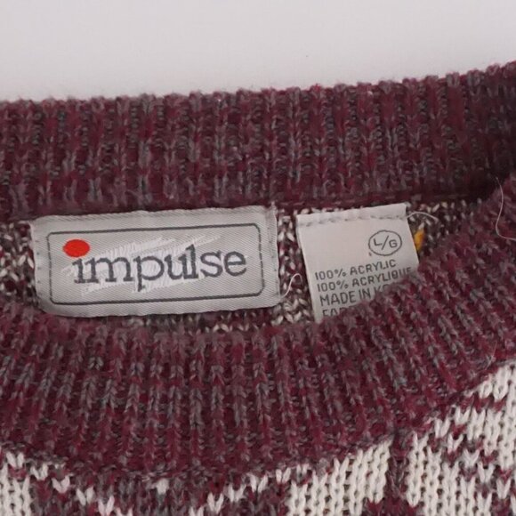 Vintage '90s Impulse Maroon White Snowflake Argyle Knit Crewneck Sweater Large - Picture 4 of 9